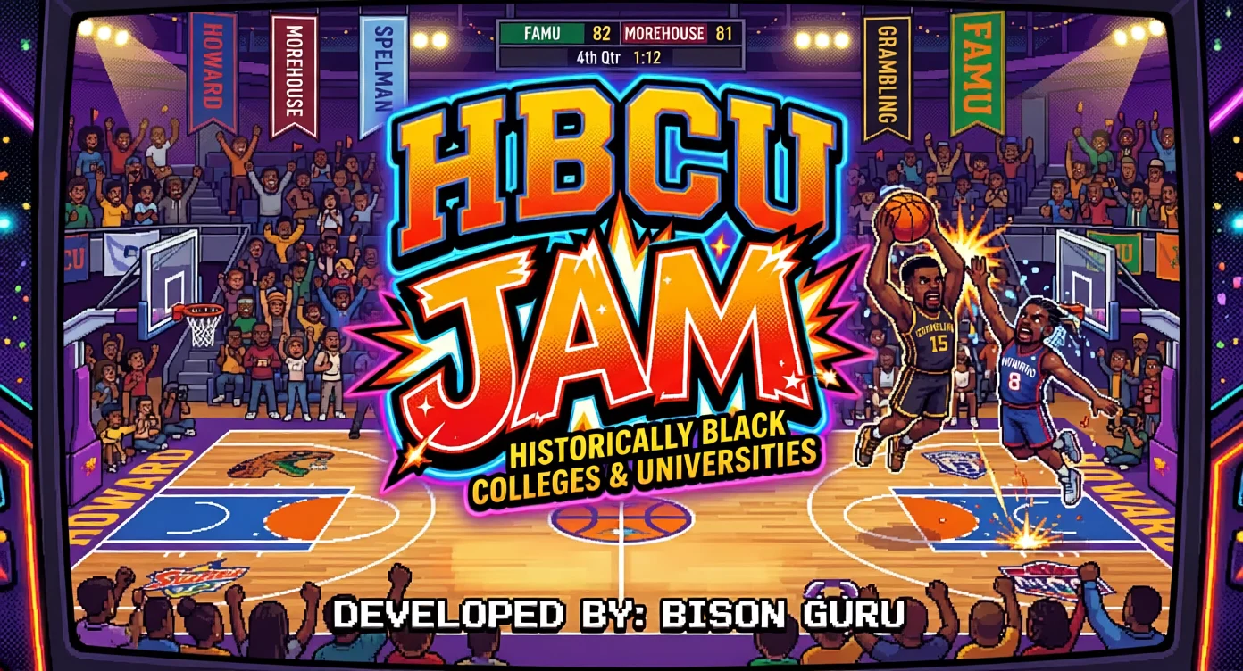 HBCU Jam title screen: Historically Black Colleges & Universities, with players dunking in a packed arena